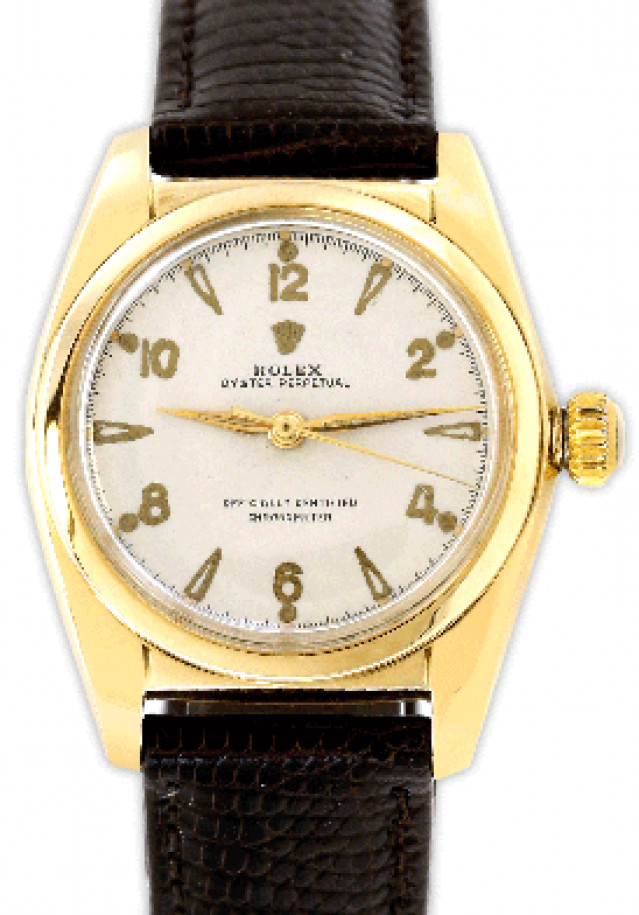 Rolex 5050 Yellow Gold on Strap, Smooth Bezel White with Gold Arabic & Index